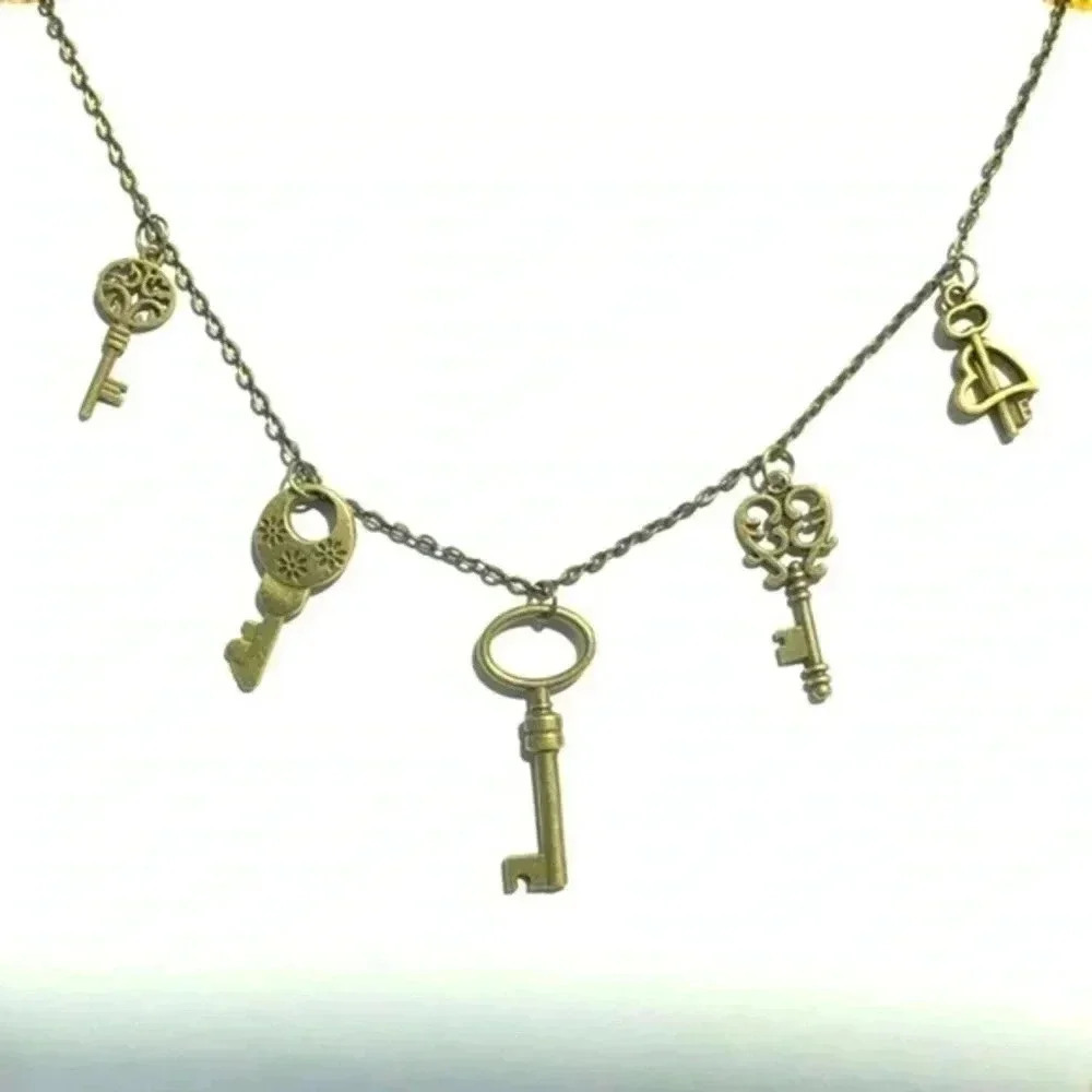 Antiqued Brass 5 Key Charm Steampunk Handmade Necklace A